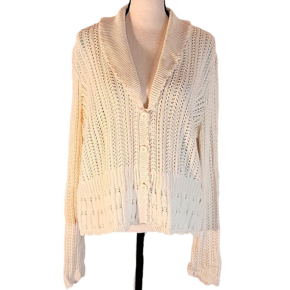 Vintage Notations Women’s XL Ivory Pointelle Knitted Button Cardigan Sweater